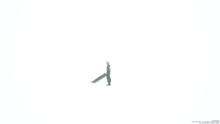 A screenshot from Final Fantasy VII Rebirth with Cloud Strife standing on a pure white background.