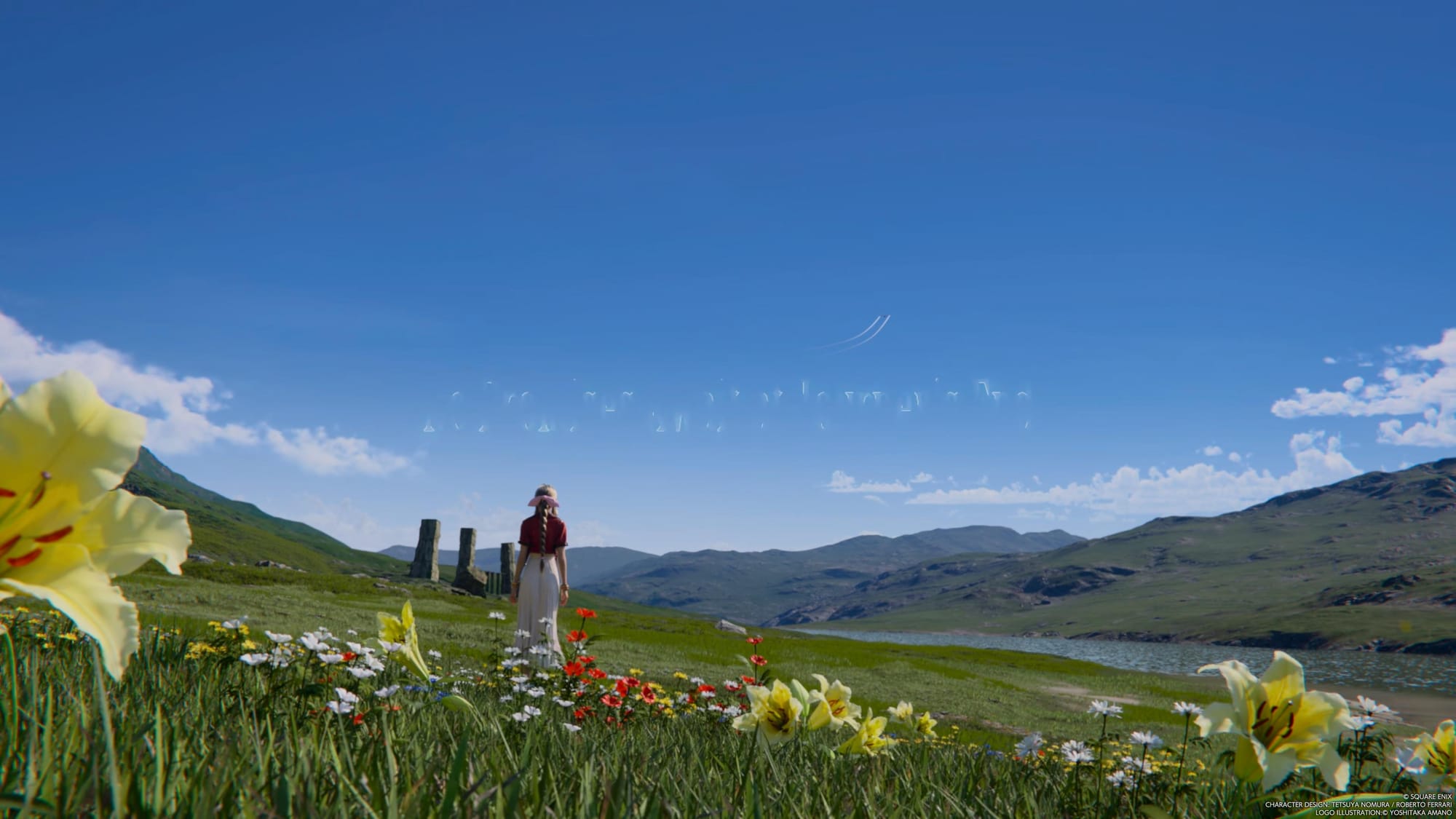 A screenshot from Final Fantasy VII Rebirth with Aerith standing in a verdant valley staring at a blue sky scattered with clouds.