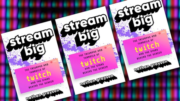 Three copies of "Stream Big" by Nathan Grayson arrayed diagonally over a softly blurred purple and green pixel grid backgro