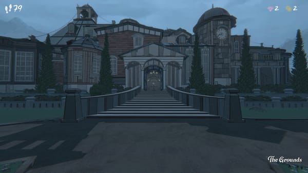 A screenshot from Blue Prince showing a sprawling manor on a dusky morning.