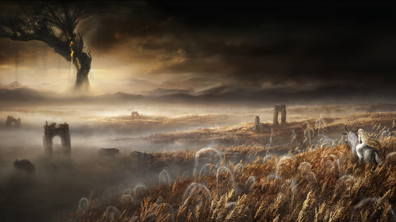 Key art from Elden Ring: Shadow of the Erdtree featuring a woman on a weird horse looking over a vast, golden plain